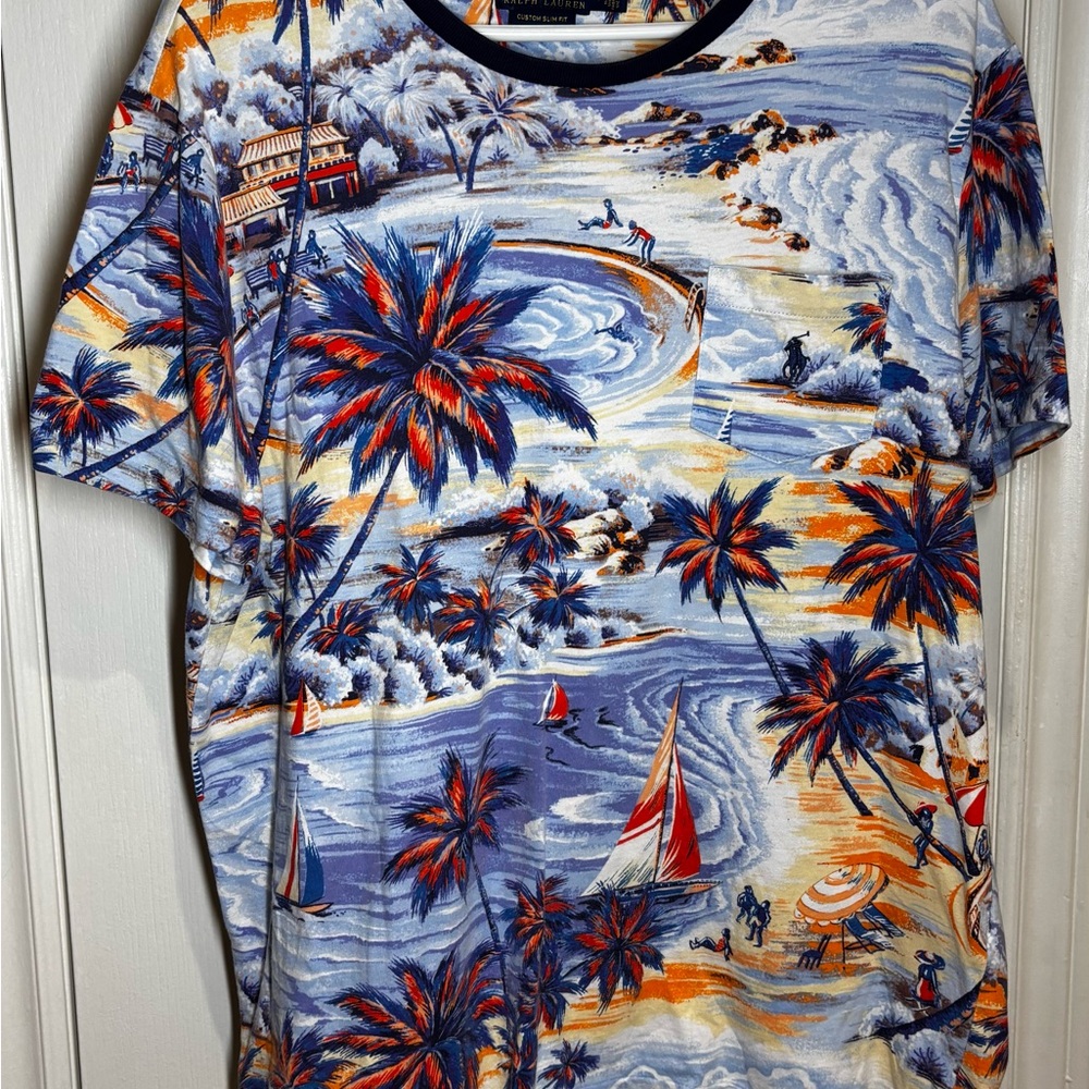 Ralph Lauren Short Sleeve Tropical Palm & Sailboat Print Tee - Blue, Orange, Red